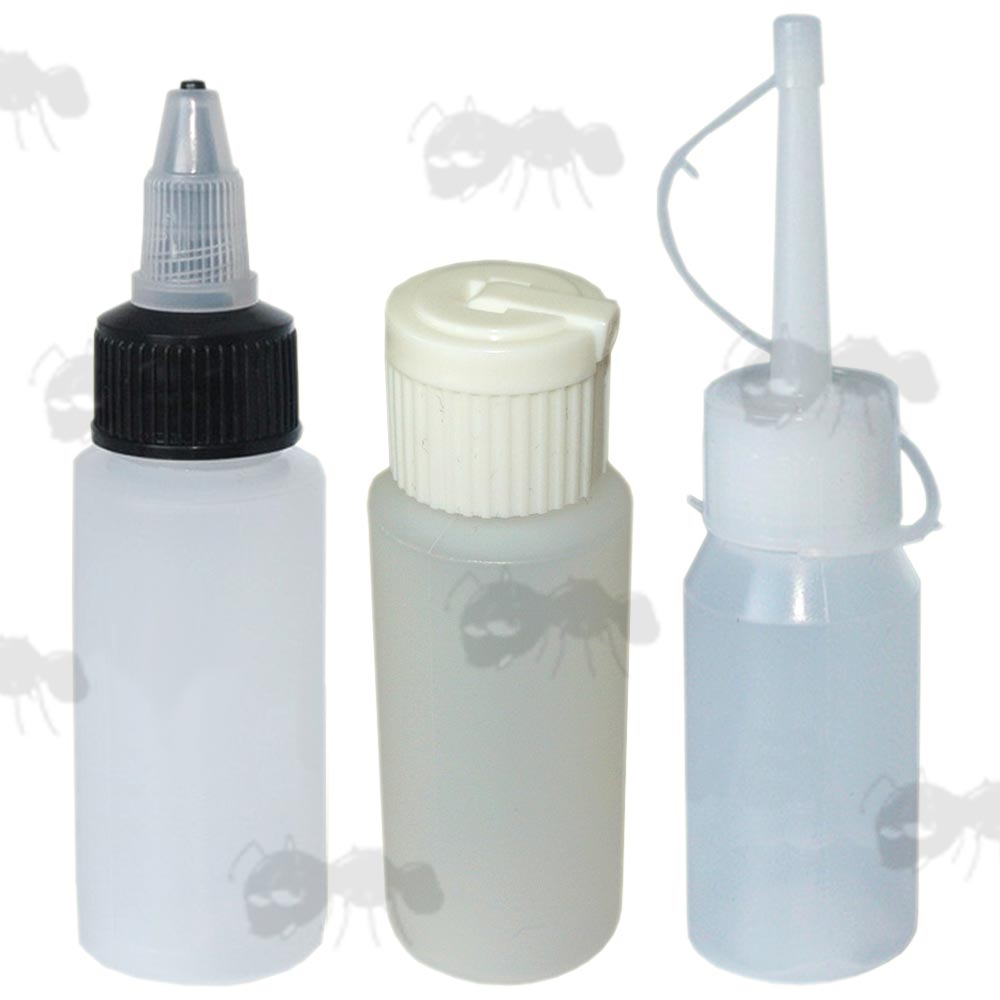 Set of Three Empty Plastic Gun Oil Dropper Bottles with Assorted Spouts