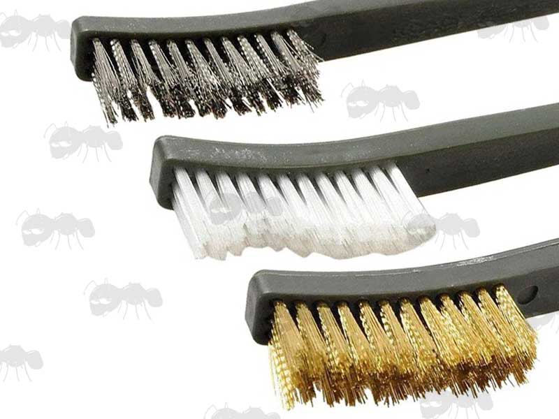 View of The Large Heads on The Three Curved Green Handle Gun Cleaning Brushes with Bronze, Stainless Steel and White Nylon Bristles