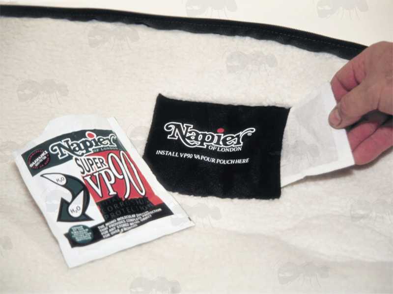 Sachet of Napier Super VP90 Corrosion Protection Being Placed Into an Internal Pocket Inside a Napier Gun Bag