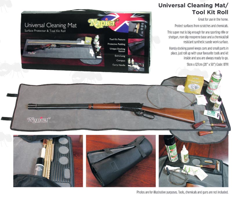 Napier Roll-Up Grey Gun Maintenance Mat With Rifle and Cleaning Kit in Use Advert