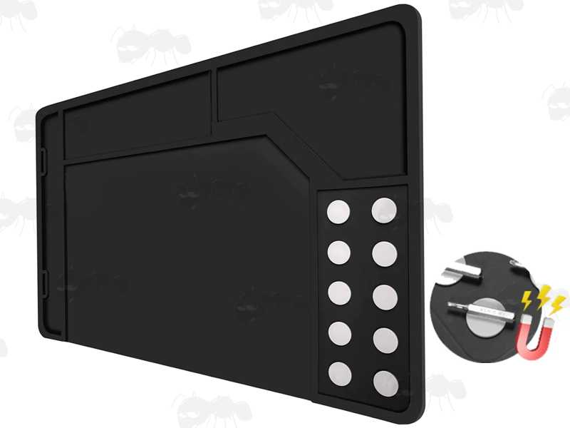 Black Coloured Rubber Pistol / Handgun Sized Cleaning / Maintenance Mat with Moulded Compartments for Parts and Magnetic Section