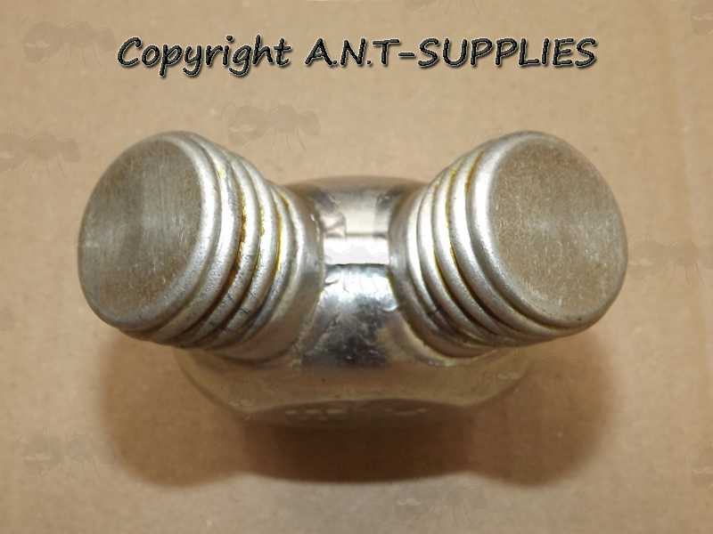 Top Filling Ports View of The Brass Double Chamber Soviet Army Surplus Mosin-Nagant Oil Can with Caps Fitted