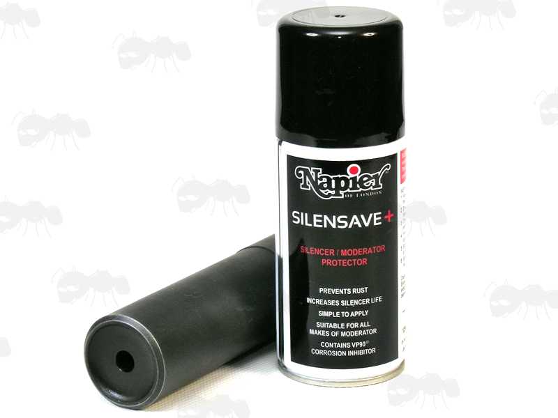 Napier 125ml Aerosol Can Of Silensave Rifle Silencer Protector Spray, Shown with Silencer