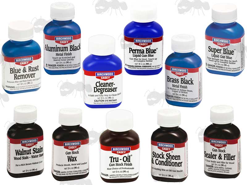 Range of Eleven 3 Ounce Bottles of Birchwood Casey Gun Finishing Solutions