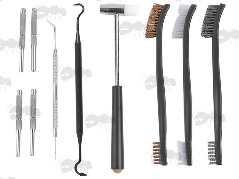 Three Double Ended Utility Brushes, One Polymer and One Stainless Steel Pick, Hammer and Four Pin Punches In Zipped Storage Wallet Case