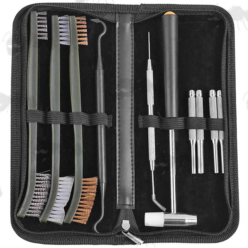 Three Double Ended Utility Brushes, One Polymer and One Stainless Steel Pick, Hammer and Four Pin Punches In Zipped Storage Wallet Case