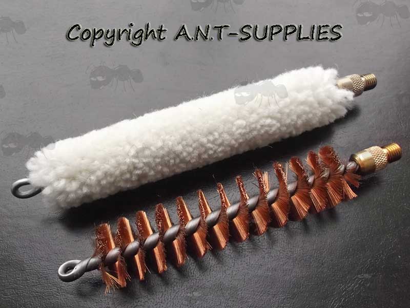 Extra Long White Wool Mop and Bronze Bristle Brush Shotgun Barrel Rods