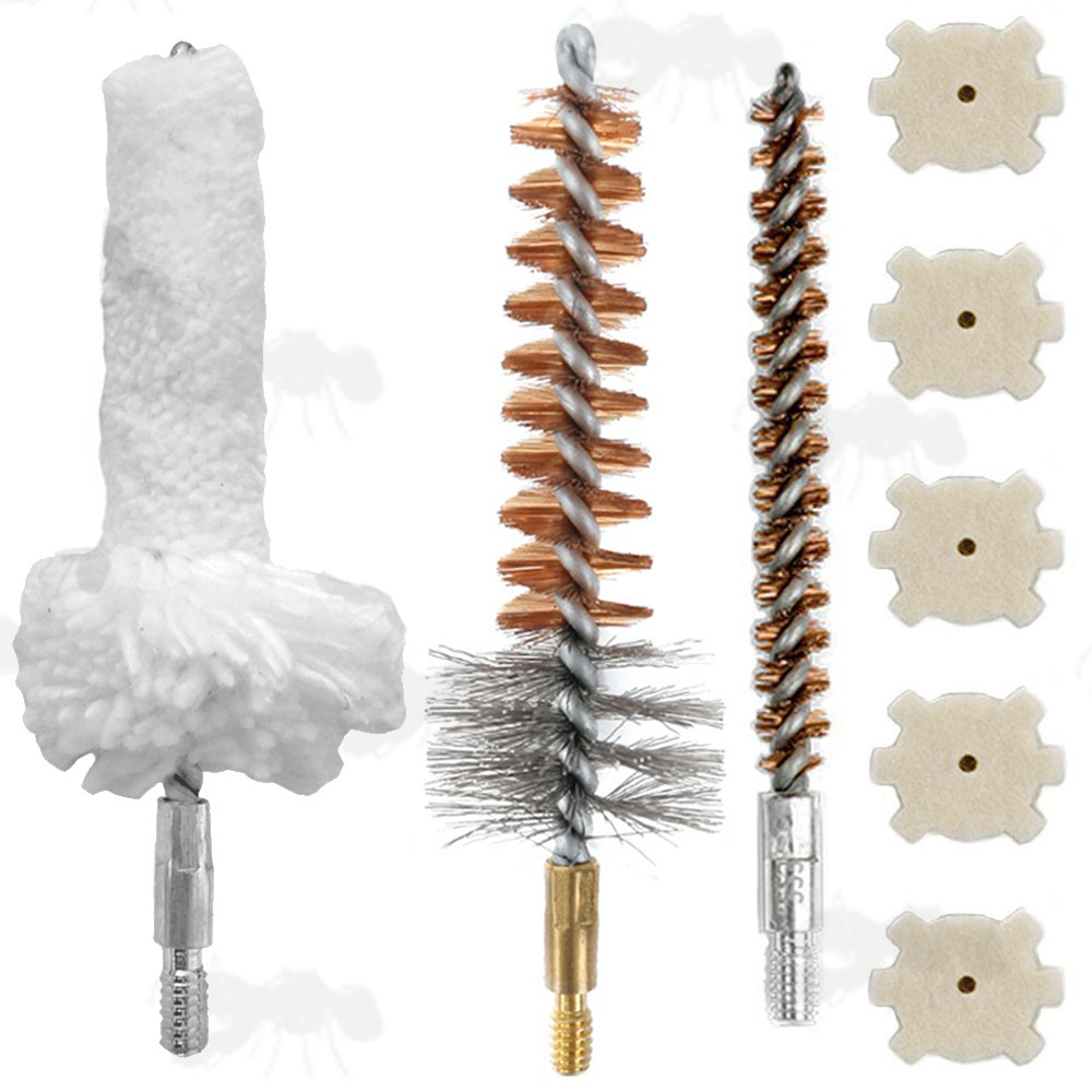 .22 / 5.56mm Calibre Chamber Cleaning Wire Brushes, Cotton Mop and Star Felt Pad Set