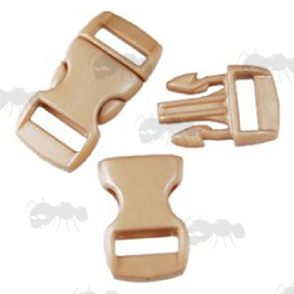 Two Desert Tan Small Plastic Curved Back Quick Release Buckles