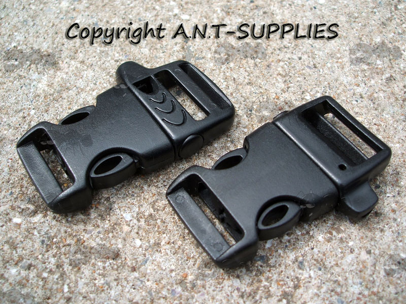 A Pair of Large Black Plastic Quick Release Buckles with Built in Whistle