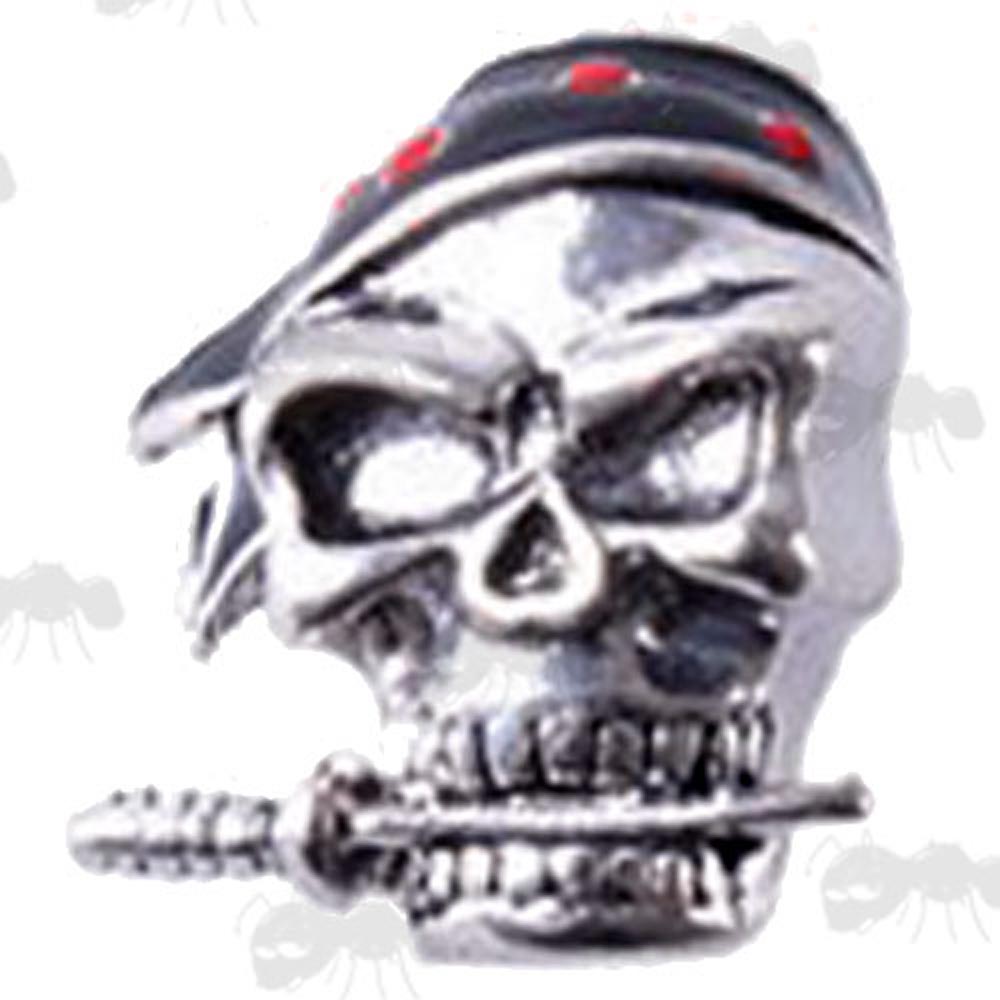 Silver Pirate Skull Paracord Fitting Bead with Black Headband and Knife in Teeth