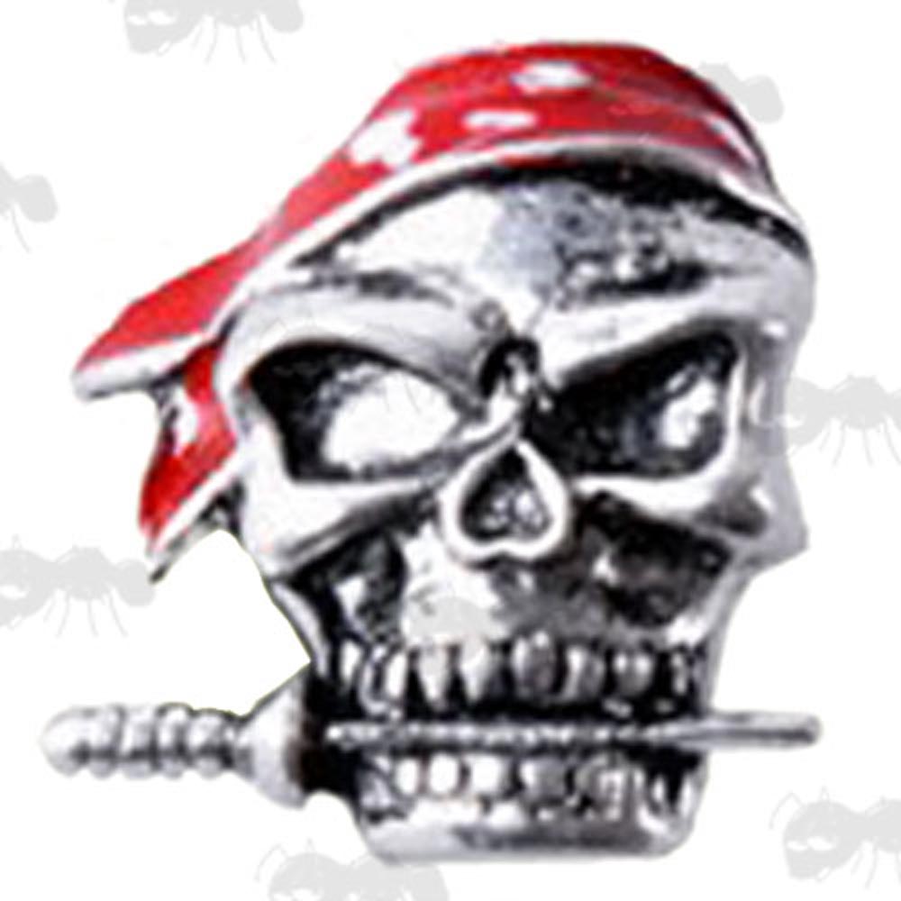 Silver Pirate Skull Paracord Fitting Bead with Red Headband and Knife in Teeth