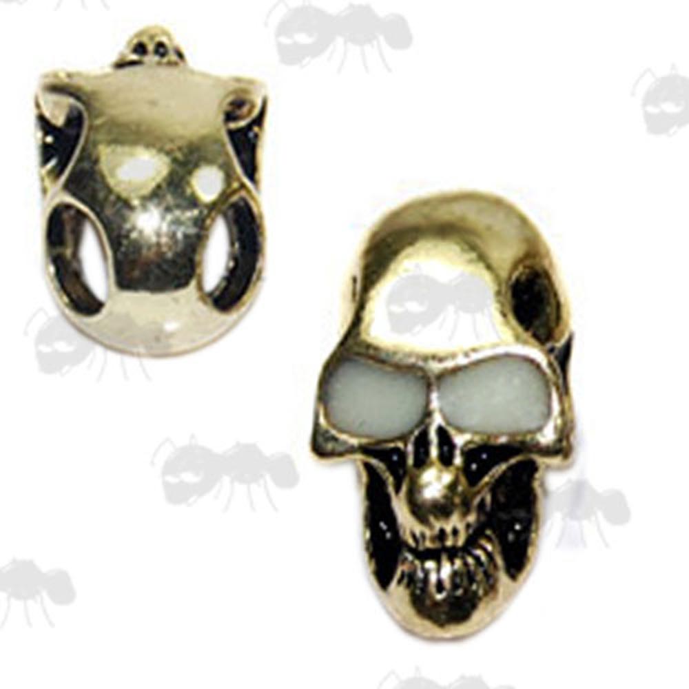 Two Gold Coloured Skull Beads with Glow in the Dark Eyes