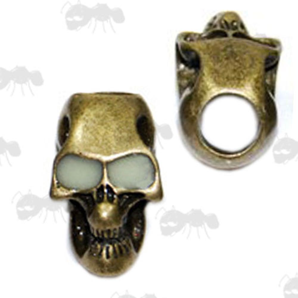 Two Antique Bronze Coloured Skull Beads with Glow in the Dark Eyes