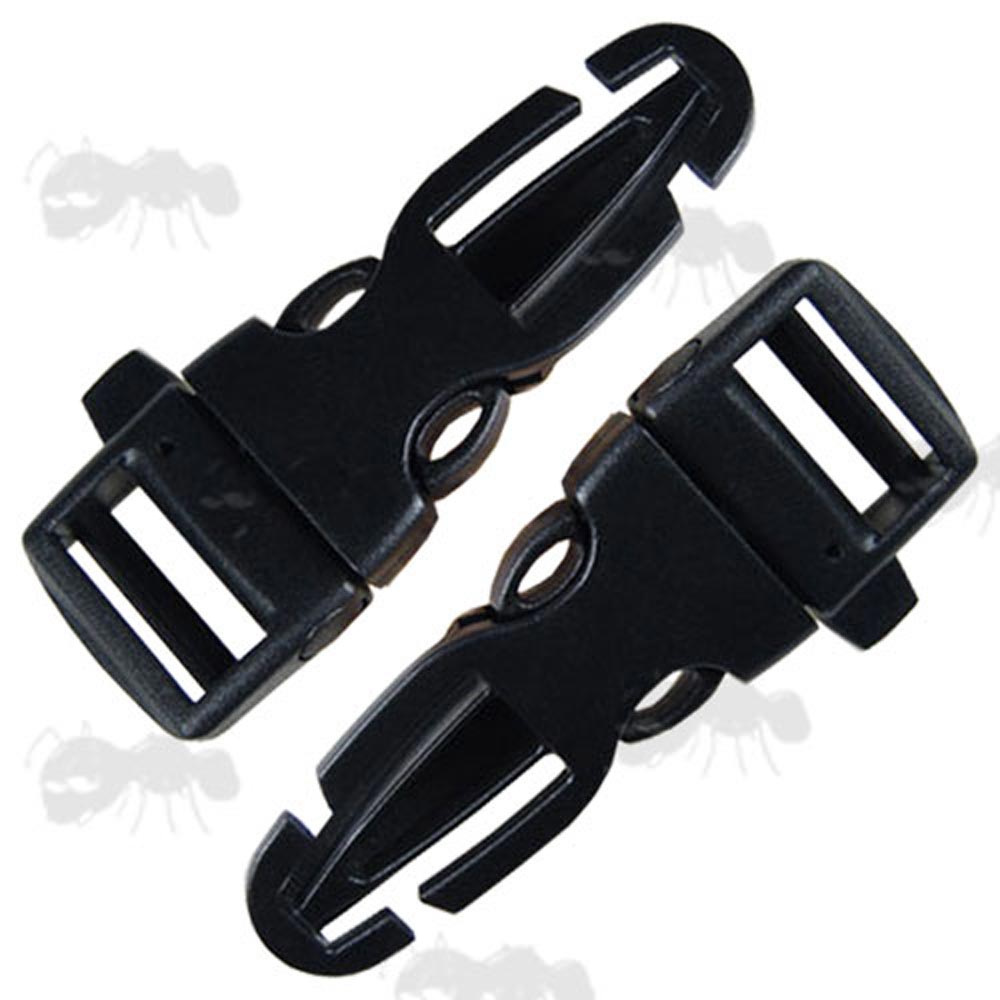 Two Large Black Plastic Quick Release Strap Buckles with Built in Whistle