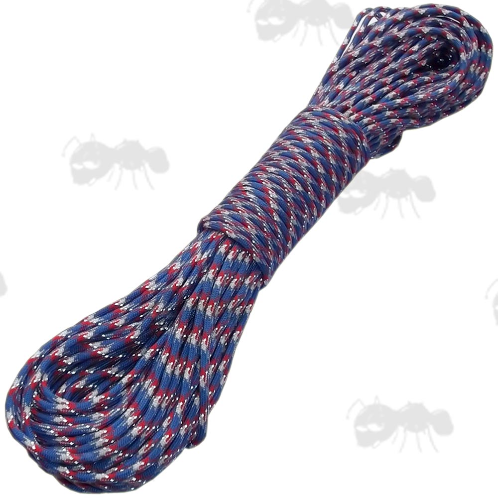 30 Metres Red, White and Blue Camouflage Paracord with Reflective Thread