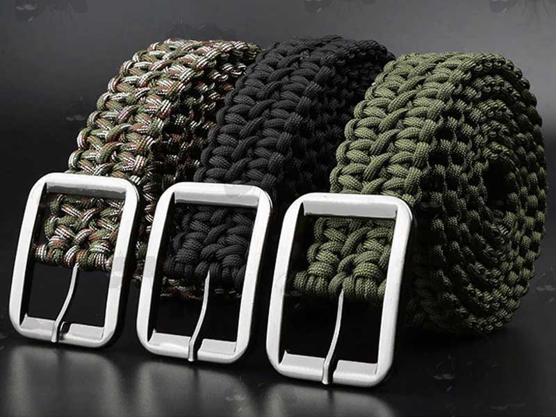 Three Rolled Up Paracord Trouser Belts with Large Metal Buckles