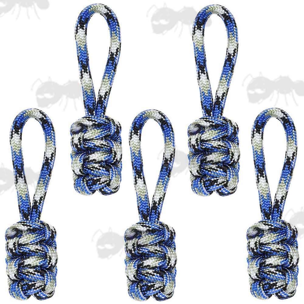 Set of Five Small Blue Camouflage Paracord Zip Pullers
