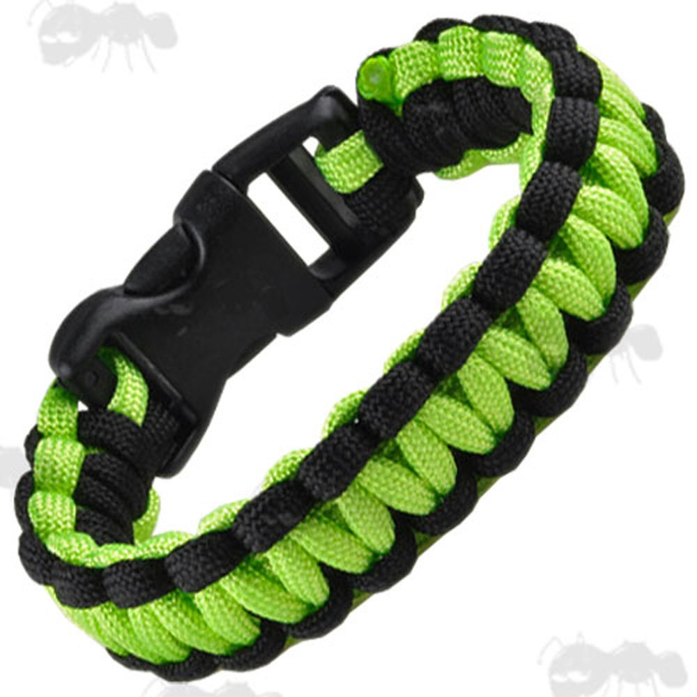 Two Tone Black and Fluorescent Green Paracord Survival Bracelet with Quick Release Buckle