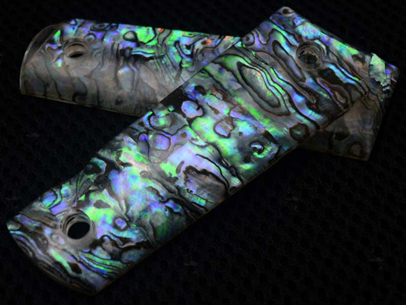 Pair of Full Size Beautiful Abalone Shell Effect Acrylic Smooth Finish 1911 Pistol Grips on Black Background