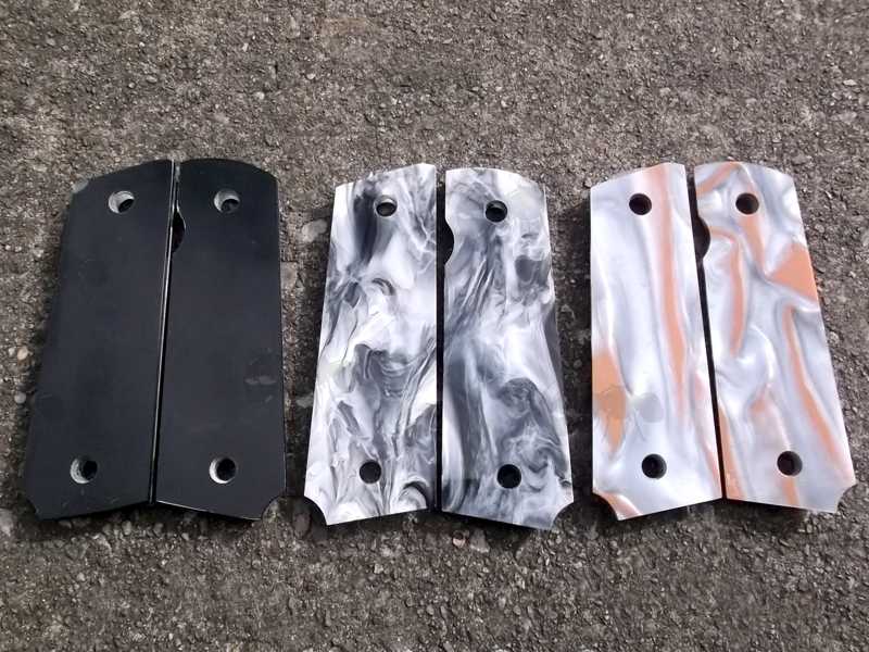 Flat Back Views of Three Pairs of Full Size Acrylic Smooth Finish 1911 Pistol Grips, with Assortment Pattern Designs