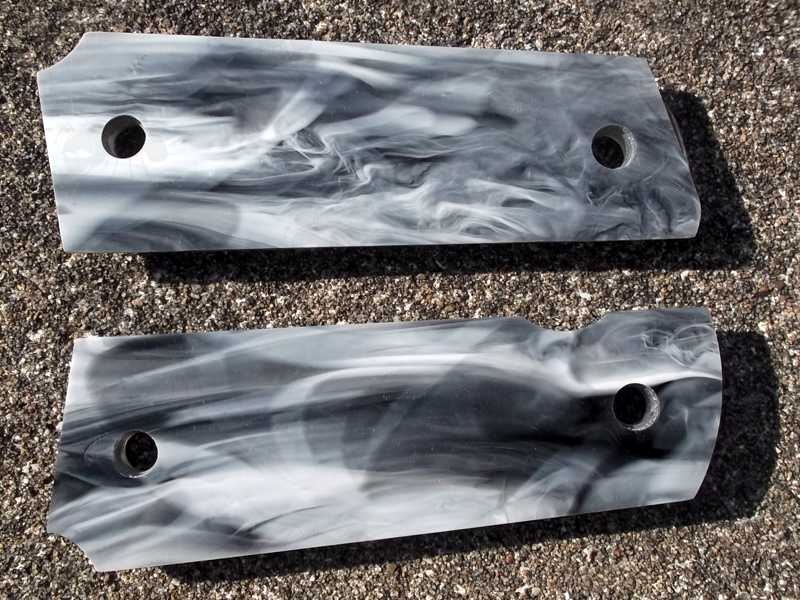 Front and Back View of a Pair of Full Size Marble Patterned Effect Acrylic Smooth Finish 1911 Pistol Grips