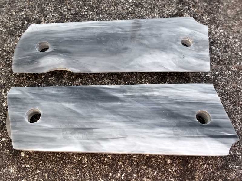 Front and Back View of a Pair of Full Size Marble Patterned Effect Acrylic Smooth Finish 1911 Pistol Grips