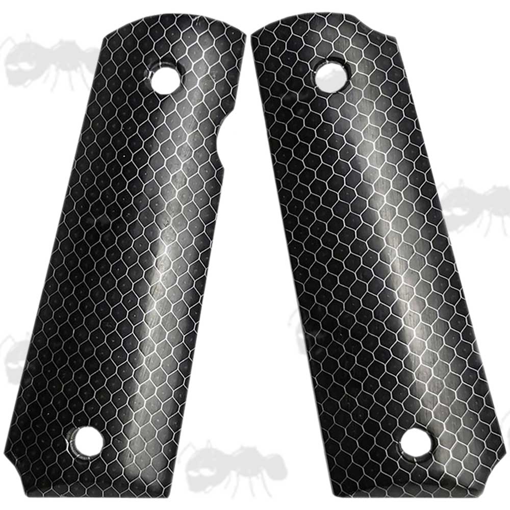 Pair of Full Size Black With Silver Honeycomb Style Resin 1911 Pistol Grips with a Smooth Finish