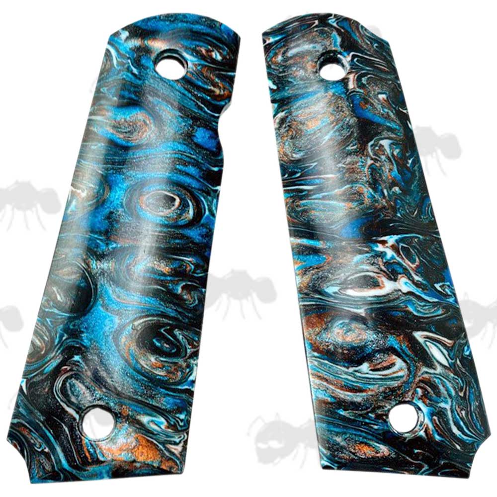 Pair of Full Size Orange Black and Blue Marble Effect Resin 1911 Pistol Grips with a Smooth Finish