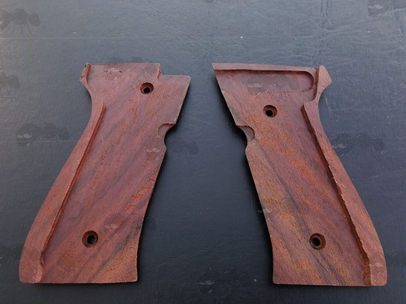 Inner View of a Pair of Dark Brown Right Handed Beretta 92FS Rosewood Pistol Grips