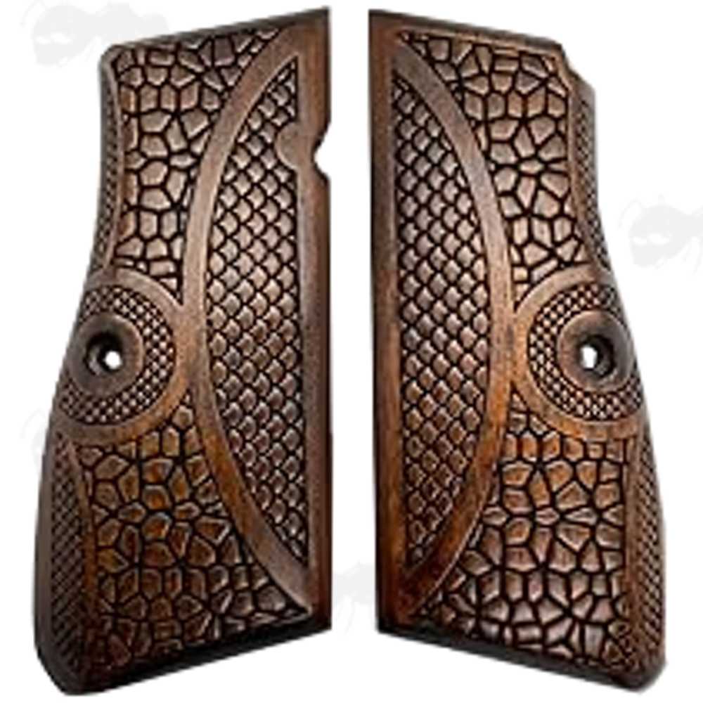 Pair of Wooden Browning Hi-Power Grips with Detailed Textured Pattern