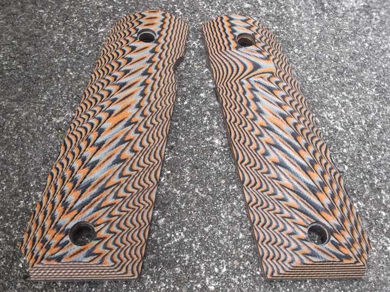 Pair of Full Size Brown Flame Effect G10 1911 Pistol Grips with a Textured Finish