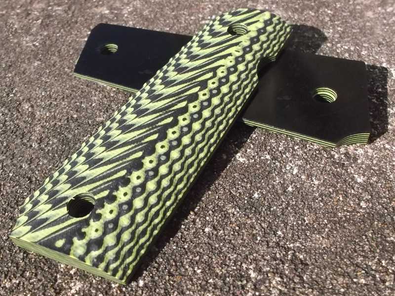 Front and Rear View of The Pair of Full Size Black and Green G10 1911 Pistol Grips with a Grooved Finish