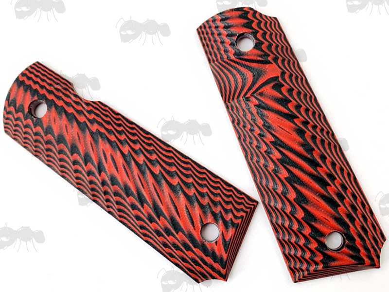 Pair of Full Size Red and Black and G10 1911 Pistol Grips with a Grooved Finish