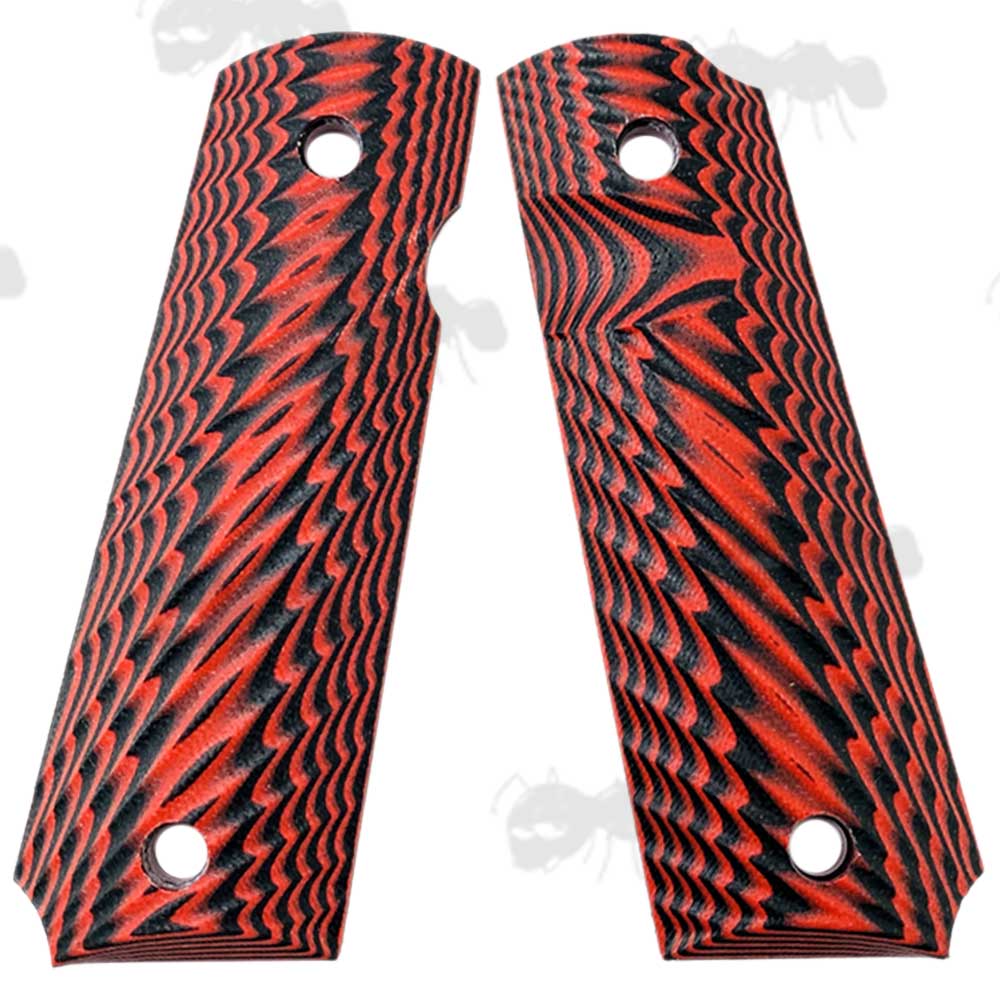 Pair of Full Size Black and Red G10 1911 Pistol Grips with a Grooved Finish