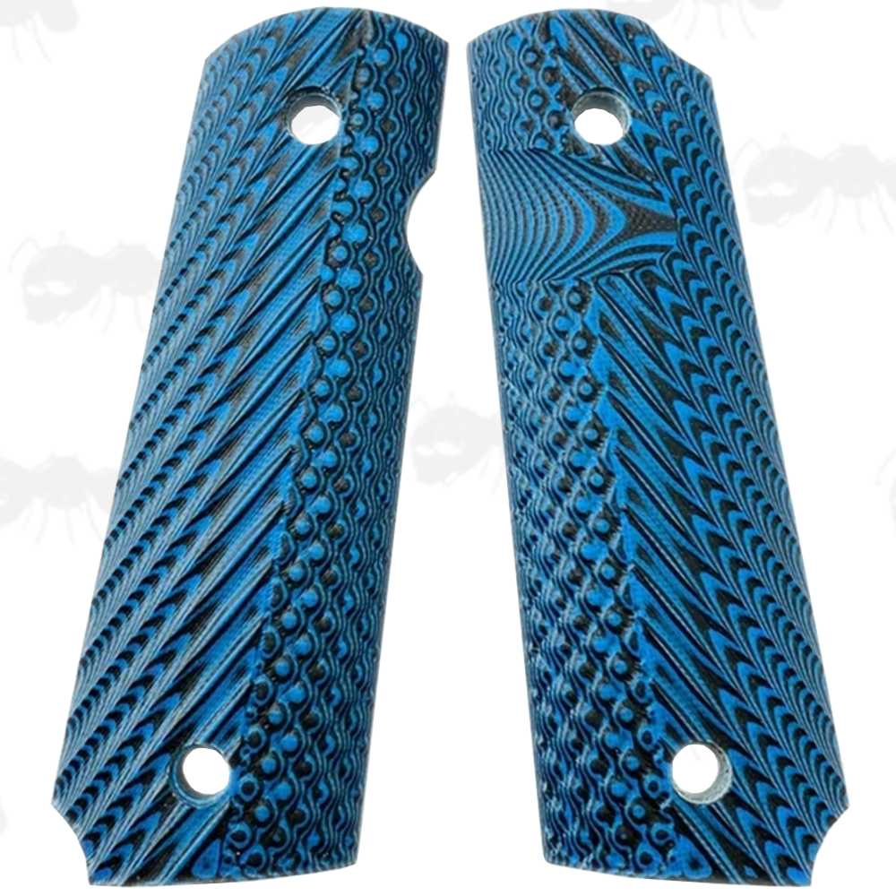 Pair of Full Size Blue and Black G10 1911 Pistol Grips with a Grooved Finish