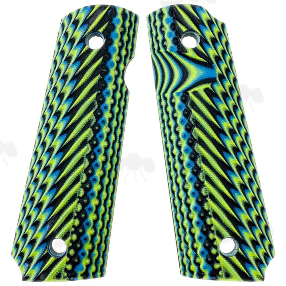 Pair of Full Size Green, Blue and Black G10 1911 Pistol Grips with a Grooved Finish