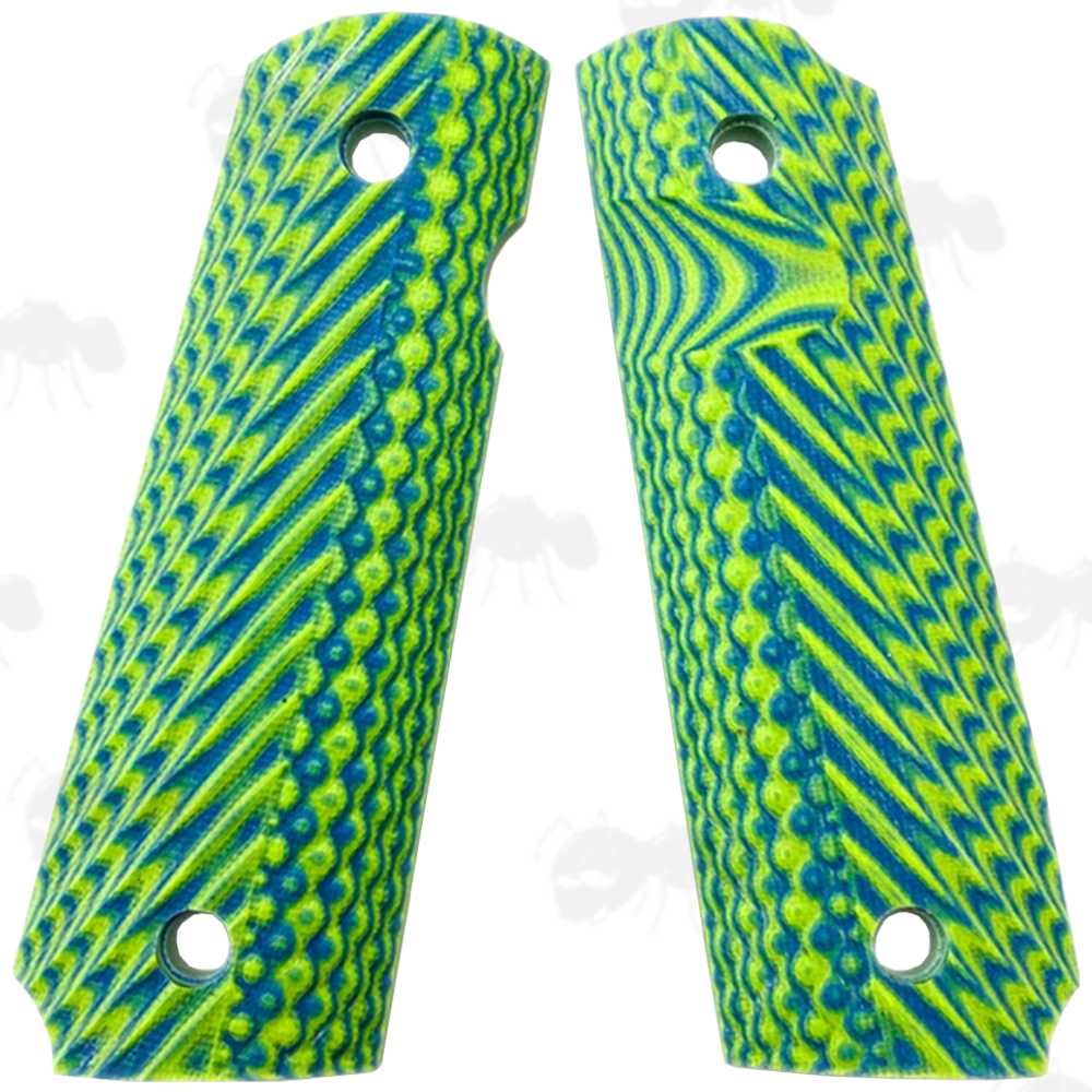 Pair of Full Size Green and Blue G10 1911 Pistol Grips with a Grooved Finish