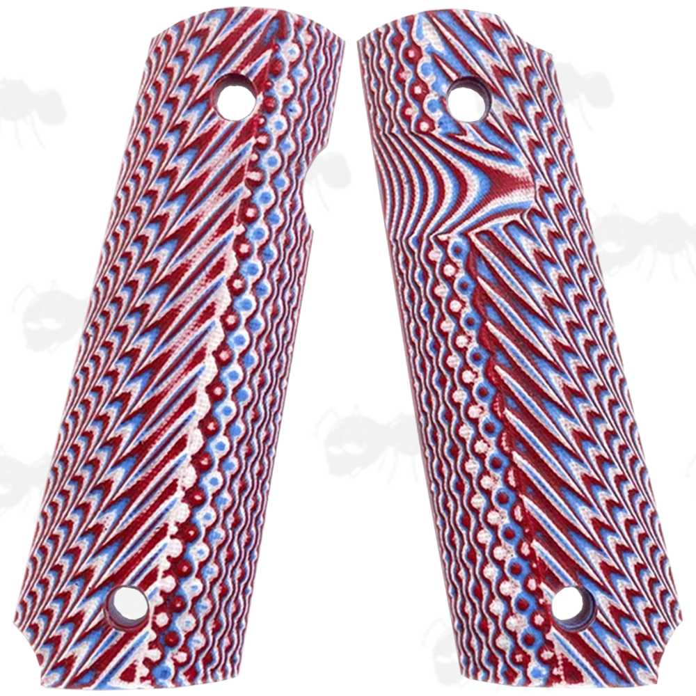 Pair of Full Size Red, White and BLue G10 1911 Pistol Grips with a Grooved Finish