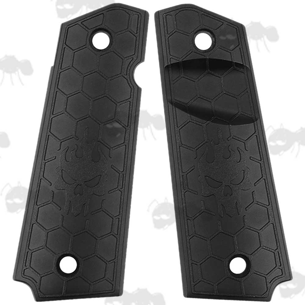 Pair of Full Size Black Polymer 1911 Pistol Grips with a Flaming Skull Design