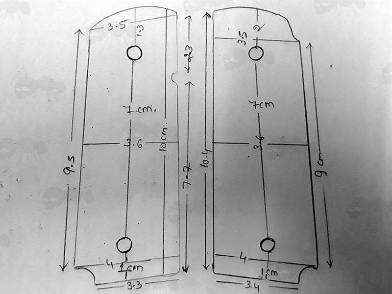 Size Specs Drawing of The Pair of Full Size Teak Wood 1911 Pistol Grips with a Textured Finish