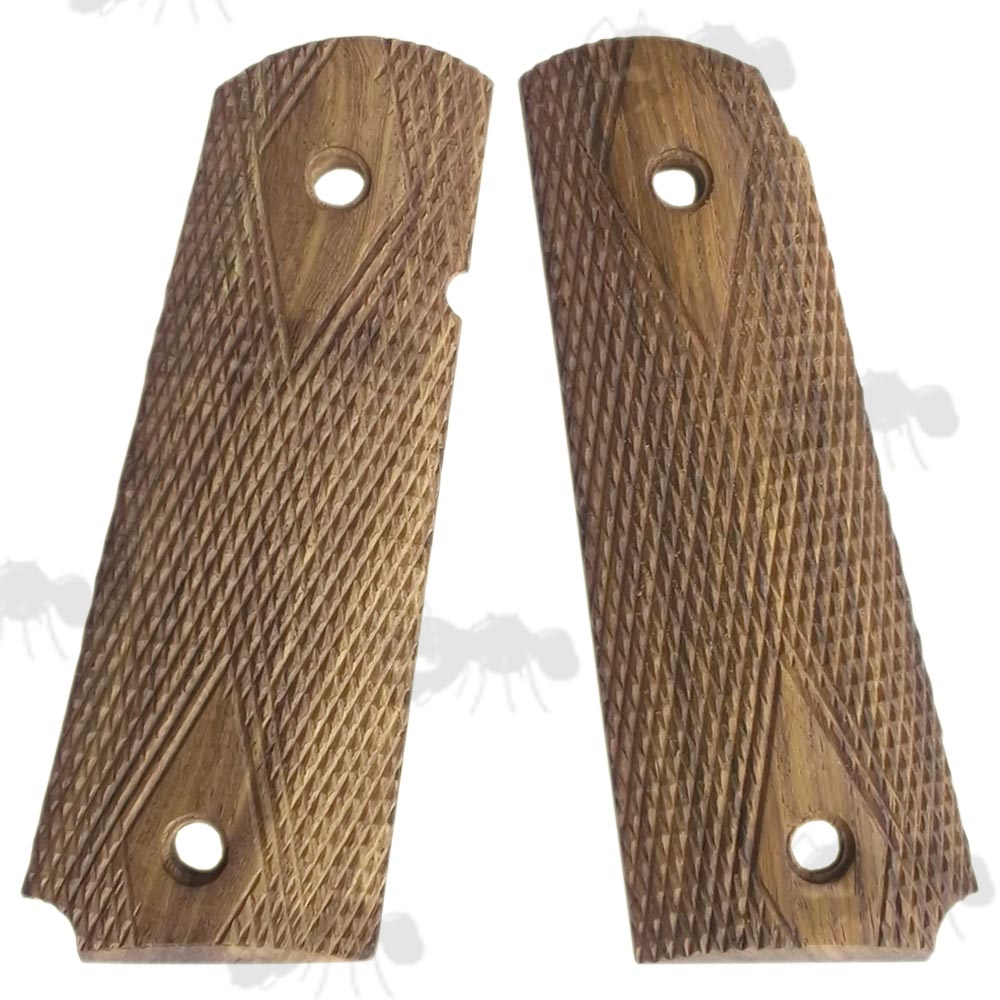 Pair of Full Size Teak Wood 1911 Pistol Grips with a Textured Finish