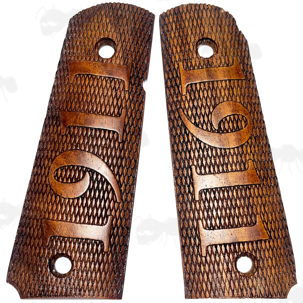 Pair of Full Size Wood 1911 Pistol Grips with Ornate Decorative Finish