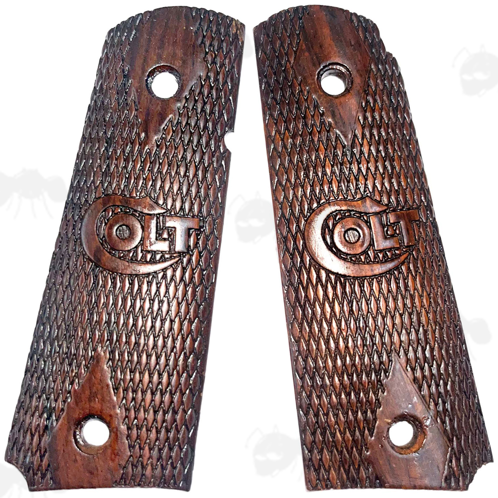 Pair of Full Size Wood Colt 1911 Pistol Grips with Hand Carved Diamond Checker Pattern Finish