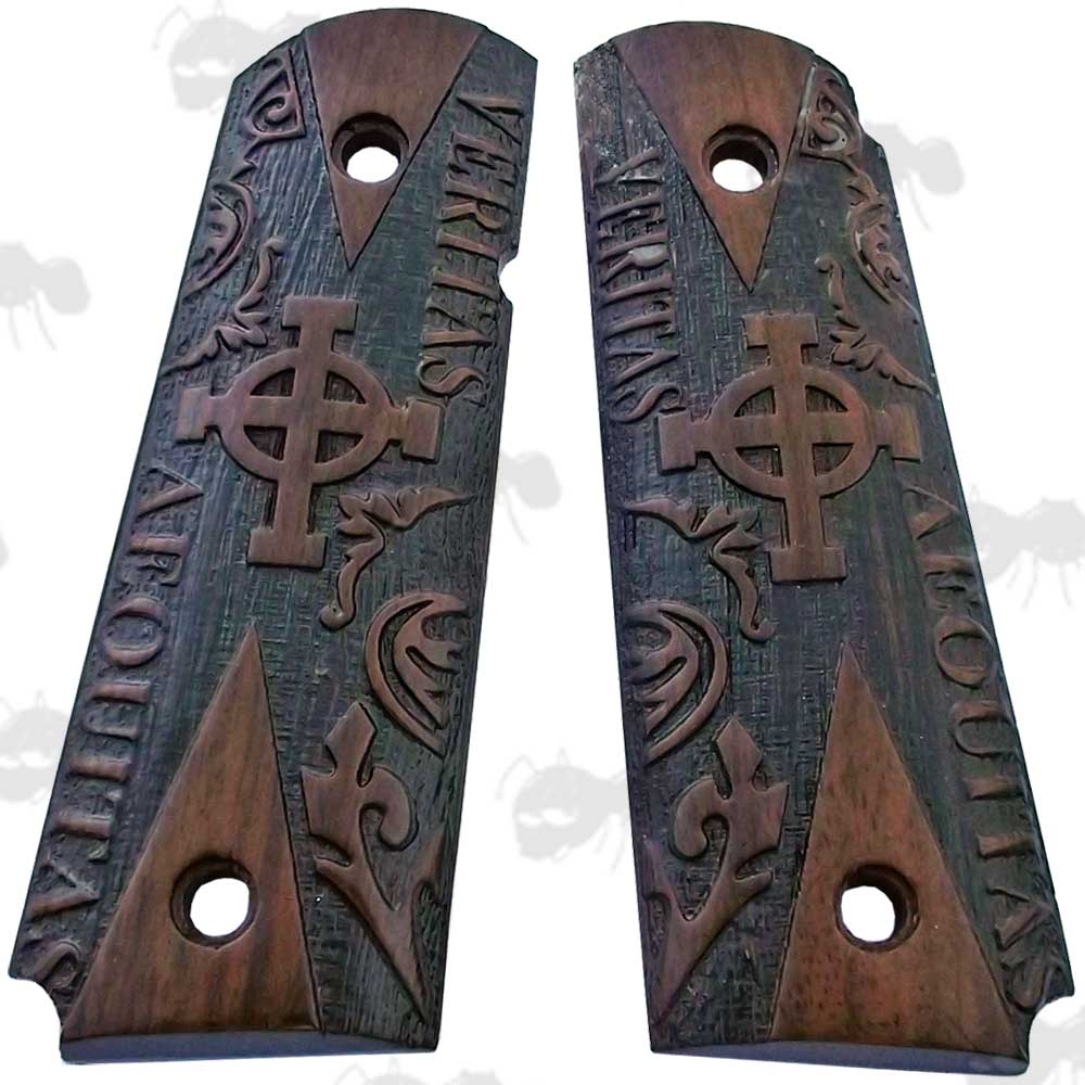 Pair of Full Size Wood 1911 Pistol Grips with Ornate Decorative Finish