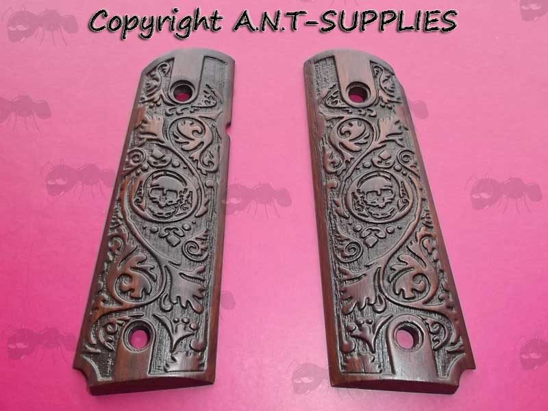 Pair of Full Size Wood 1911 Pistol Grips with Ornate Decorative Finish