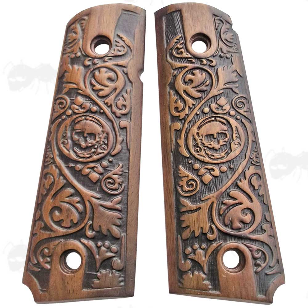 Pair of Full Size Wood 1911 Pistol Grips with Ornate Decorative Finish