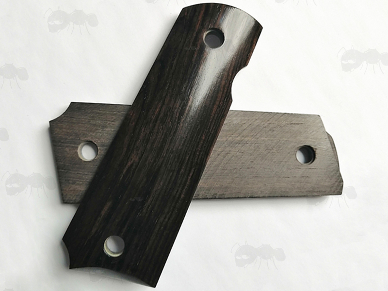 Front and Back View of The Pair of Full Size African Black Ebony Wood 1911 Pistol Grips with a Smooth Finish