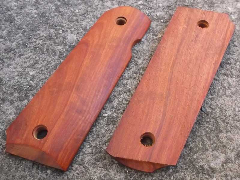 Pair of Full Size Zambia Red Sandalwood 1911 Pistol Grips with a Smooth Finish, Back and Front Views