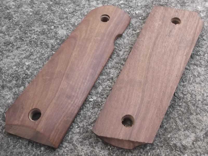Pair of Full Size Zambia Red Sandalwood 1911 Pistol Grips with a Smooth Finish, Back and Front Views